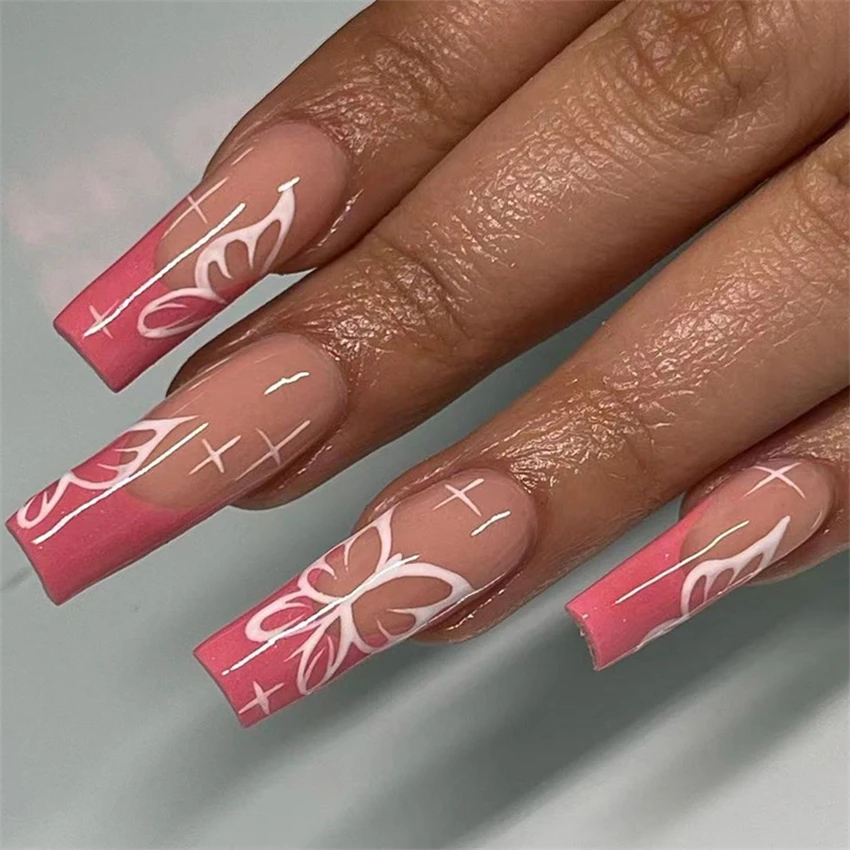 24 teile/los extra lange Ballett gefälschte Nägel Schmetterling mit Diamanten rosa volle Abdeckung Acryl drücken auf Nagels pitzen tragen gefälschte