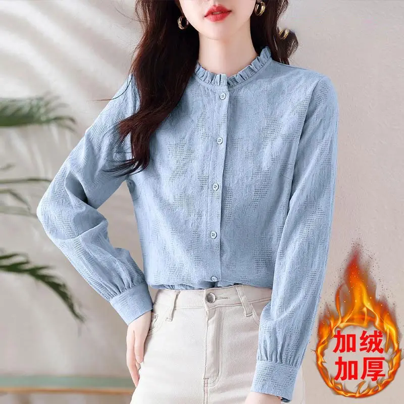 Autumn Winter New Fashion Standing Neck Long Sleeved Blouse Casual Versatile Western Solid Color Loose Clothing Women\'s Shirts