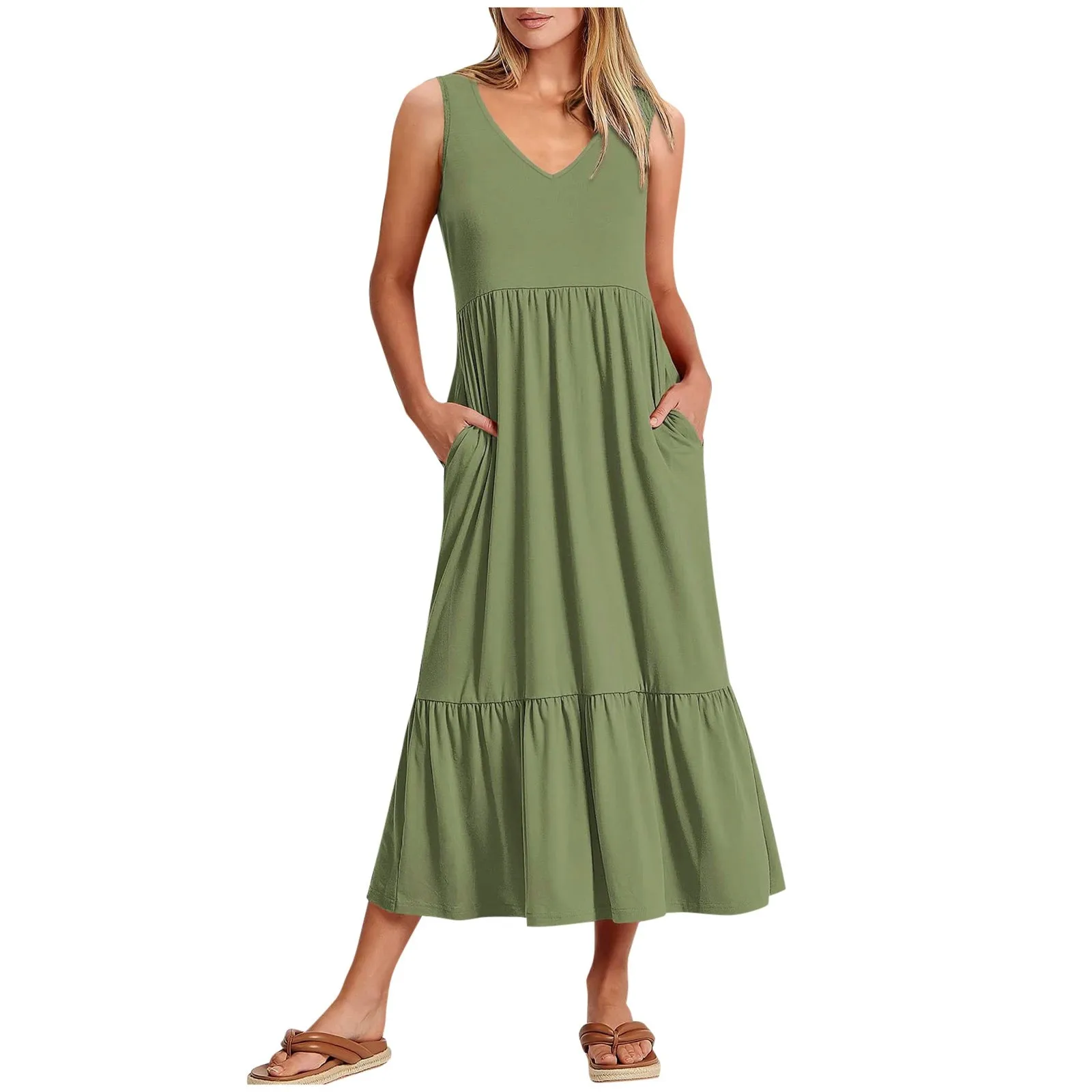 

Sleeveless Dress Women Solid Color V-Neck Pleated Long Dress With Pocket Summer Casual Loose Temperament Dress Vestidos Mujer