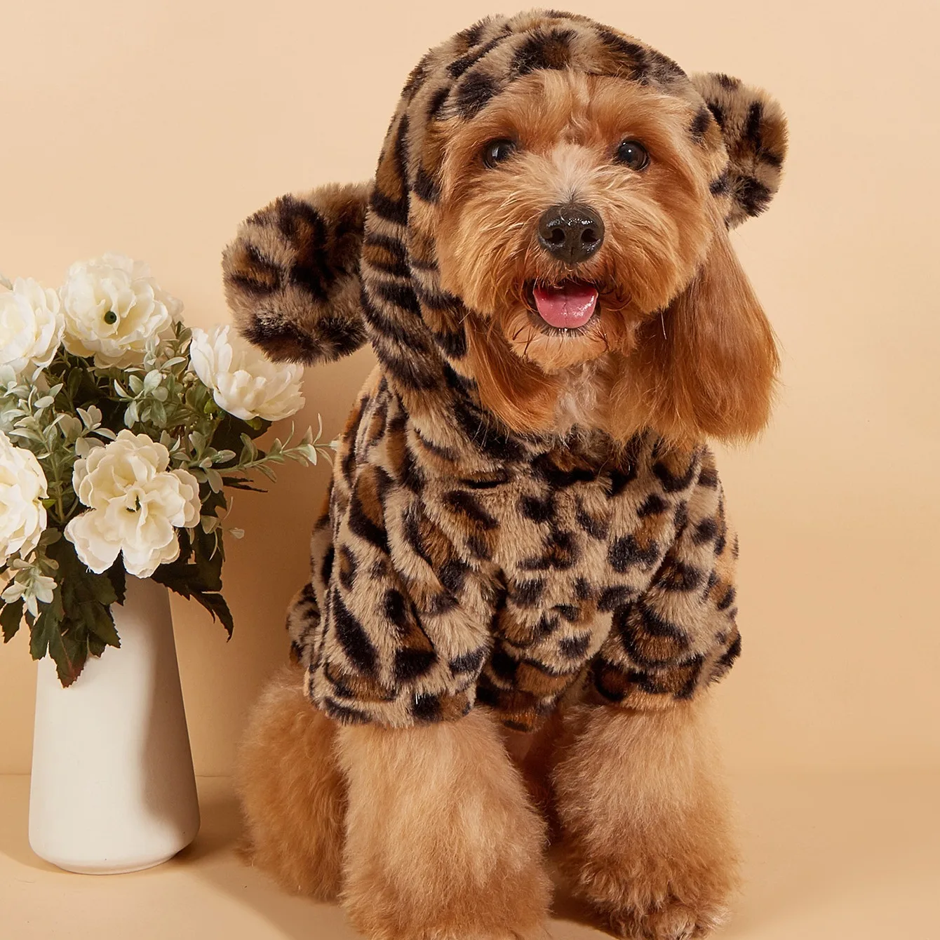 

Pet Hoodie For Small & Medium Dogs, Leopard Dog Hoodie With Ears, Plush Dog Clothes, Pet Apparel