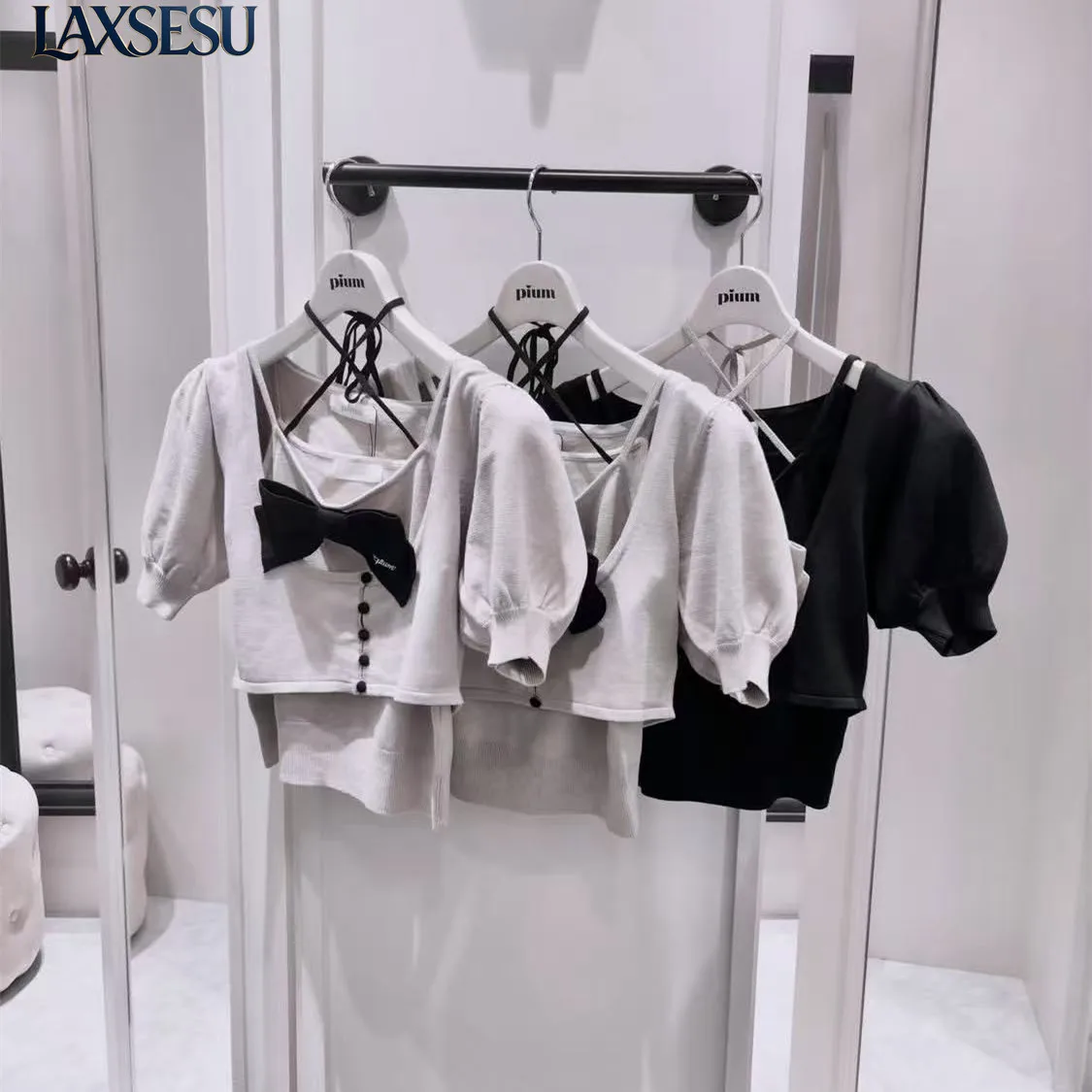 Summer Autumn Sweet Girl's Tops Waist Cinching Short Sleeved T-Shirts Strap Suspender Big U-neck Bubble Sleeve T-shirt for Women