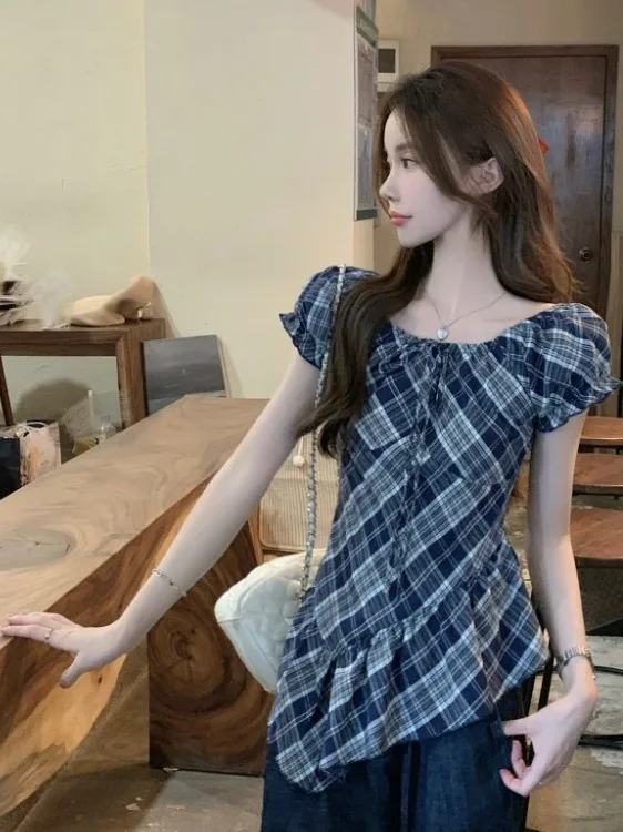 

Корейский ретро квадратный воротник Bubble Sve irt женский маленький размер летняя мода нерегулярное кружево в клетку irt полиэфирное волокно