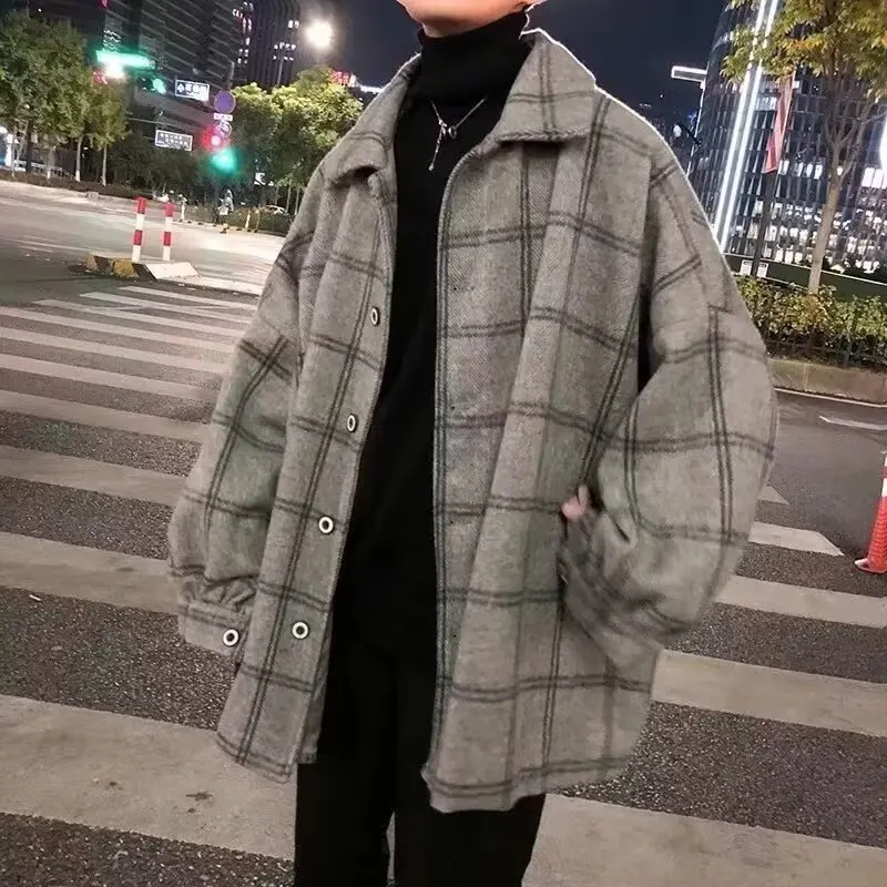 Checkered woolen coat men's autumn and winter thick jacket windbreaker Korean version trendy British medium long woolen coat