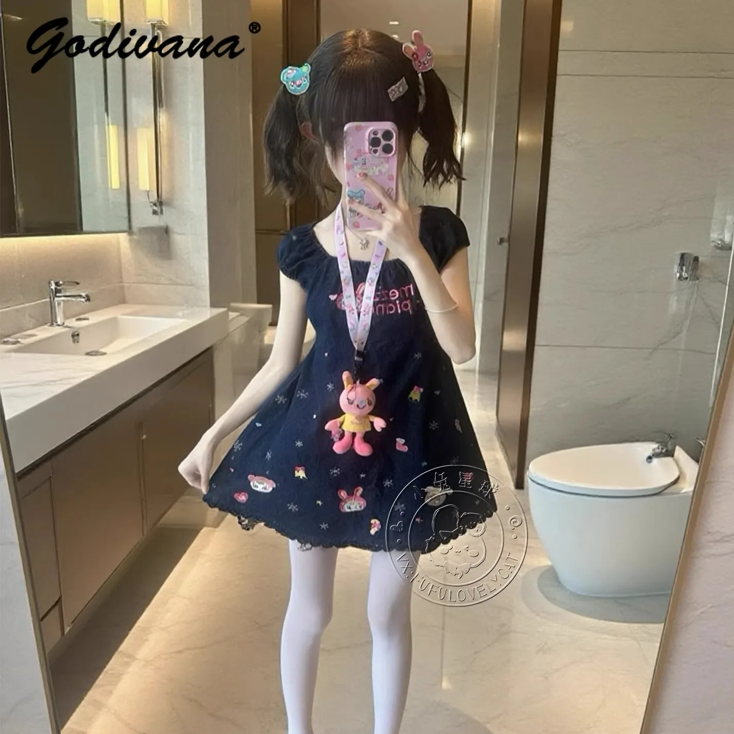 Impressão completa bonito bordado filha meninas denim vestido novo verão vintage manga curta bordado feminino bonito denim camisa topos