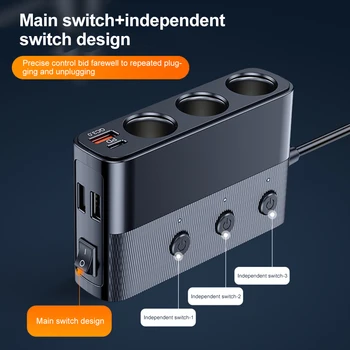 מטען לרכב 7 ב-1 128W עם מתאם כפול USB לטעינה, 3 יציאות מהירות, מחליק סיגריות מרובה תכליתי עם מתג