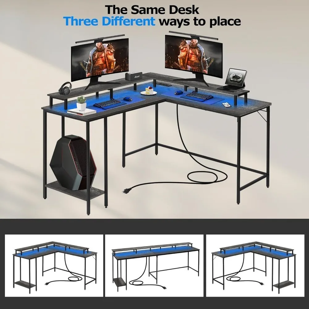 LED Lights and Power Outlet, Reversible Corner Office Desk with Monitor Stand, L Shaped Gaming Desk