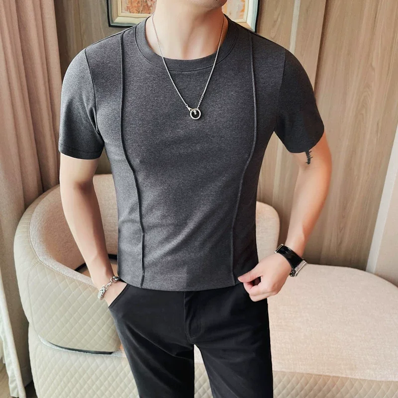 2024 Autumn New Round Neck Solid Color T Shirts Korean Luxury Long Sleeves Men\'s Casual Slim Fit Elastic Cotton Tee Shirts 4XL-M