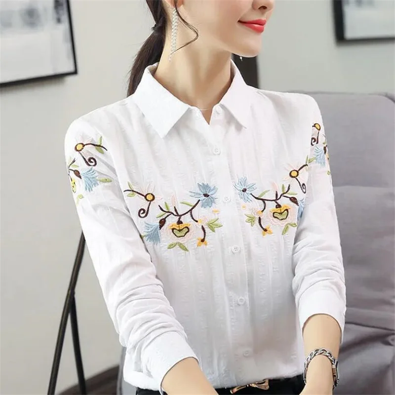 Pure Cotton Embroidered Shirt Women Blouses Retro Blouse National Tops Lapel Long-Sleeve Button Loose All-Match Female Blusa