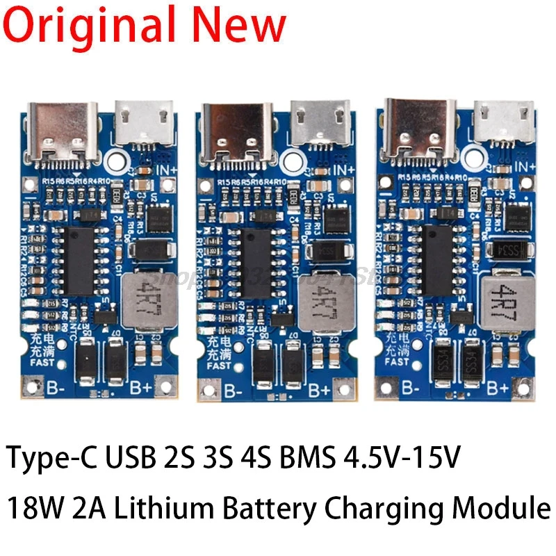 Type-C USB 2S 3S 4S 5S BMS 4.5V-15V 18W 2A Lithium Battery Charging Module Support QC Fast Charge With Temperature Protection