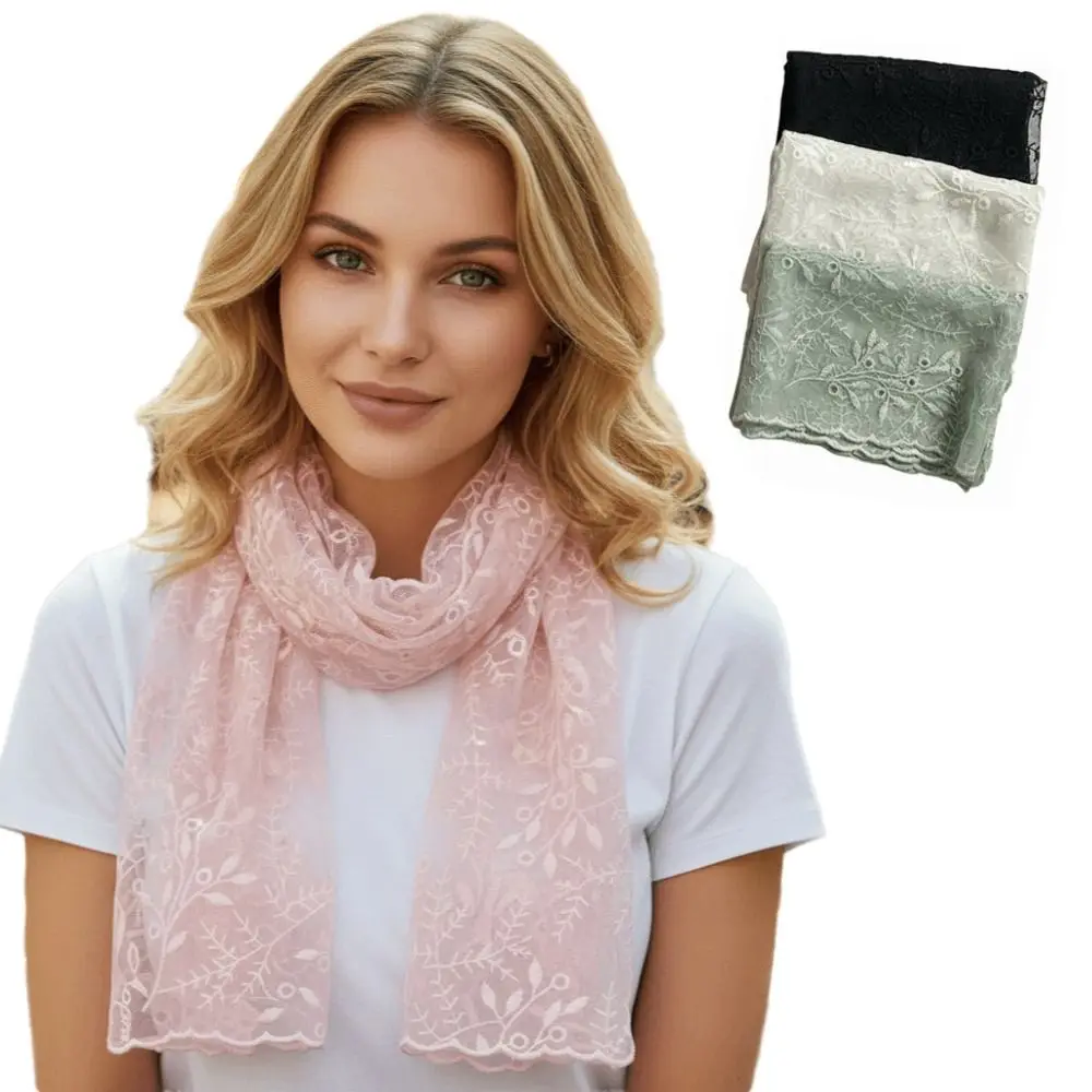 

Elegant Embroidered Flower Lace Scarf Breathable Mesh Lightweight Female Headscarf Long Sunscreen Shawl Summer