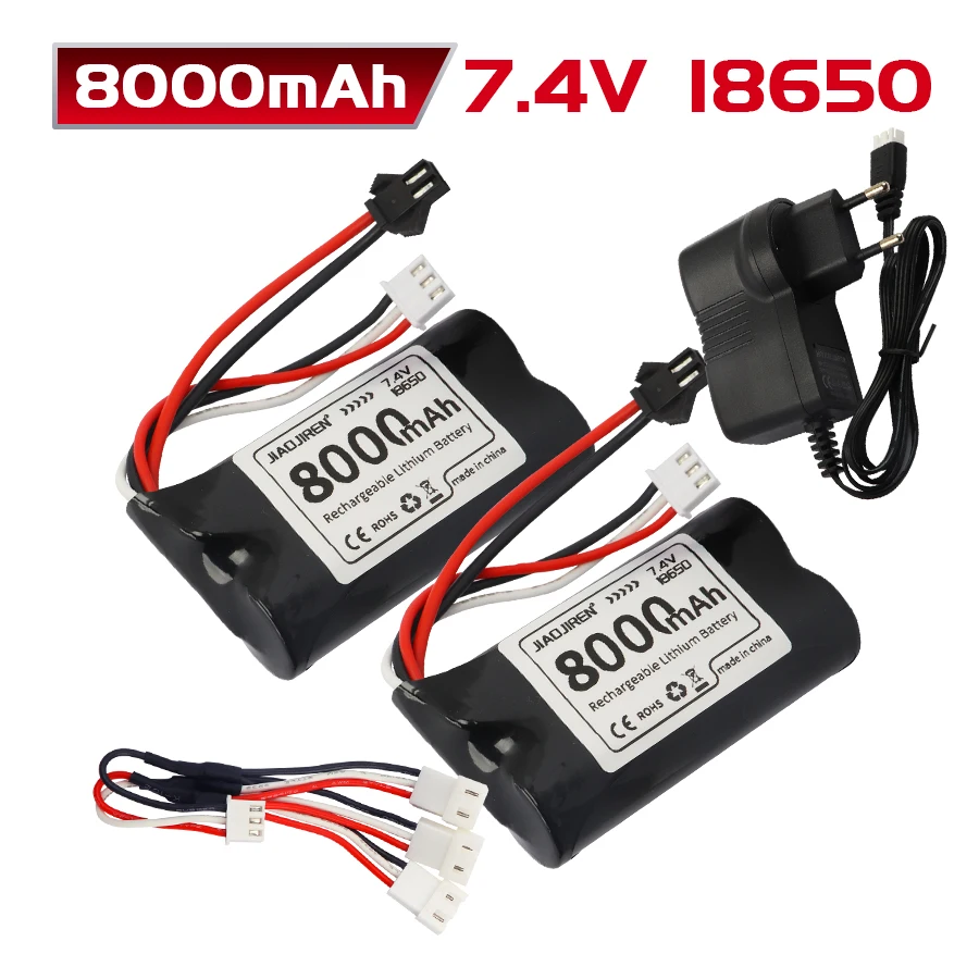 8000mAh With SM-2Plug 7.4V 18650 Battery for WPL U12A S033g Q1 H101 H103 Rc Boats Cars Tanks Parts 2S 7.4V Lipo Battery