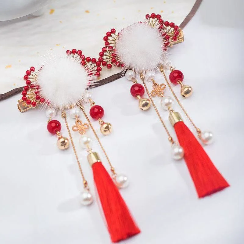 Ein Paar Hanfu-Kopfschmuck, Haarnadeln, Pompons, rote Quasten-Haaraccessoires und festlicher Haarschmuck im neuen chinesischen Stil – Detail 4
