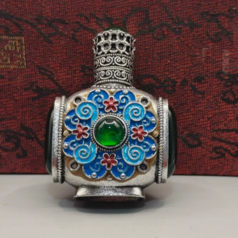 Vintage White Copper Cloisonne Inlaid with gemstones Snuff Bottle - Traditional ethnic Style Collectible Crafts & Tabletop Decor
