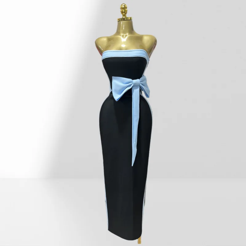 

Black and White Strapless High Waist Bow Bodycon Bandage Dress 2025 Summer New Elegant Party Dresses Fashion Celebrity Club Wear