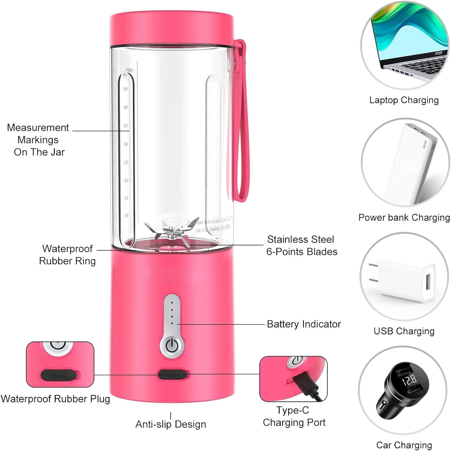 Portable Personal Travel Blender for Shakes and Smoothies, Protein, Crushed Ice with 4000mAh USB Rechargeable Battery - 18 oz Mi