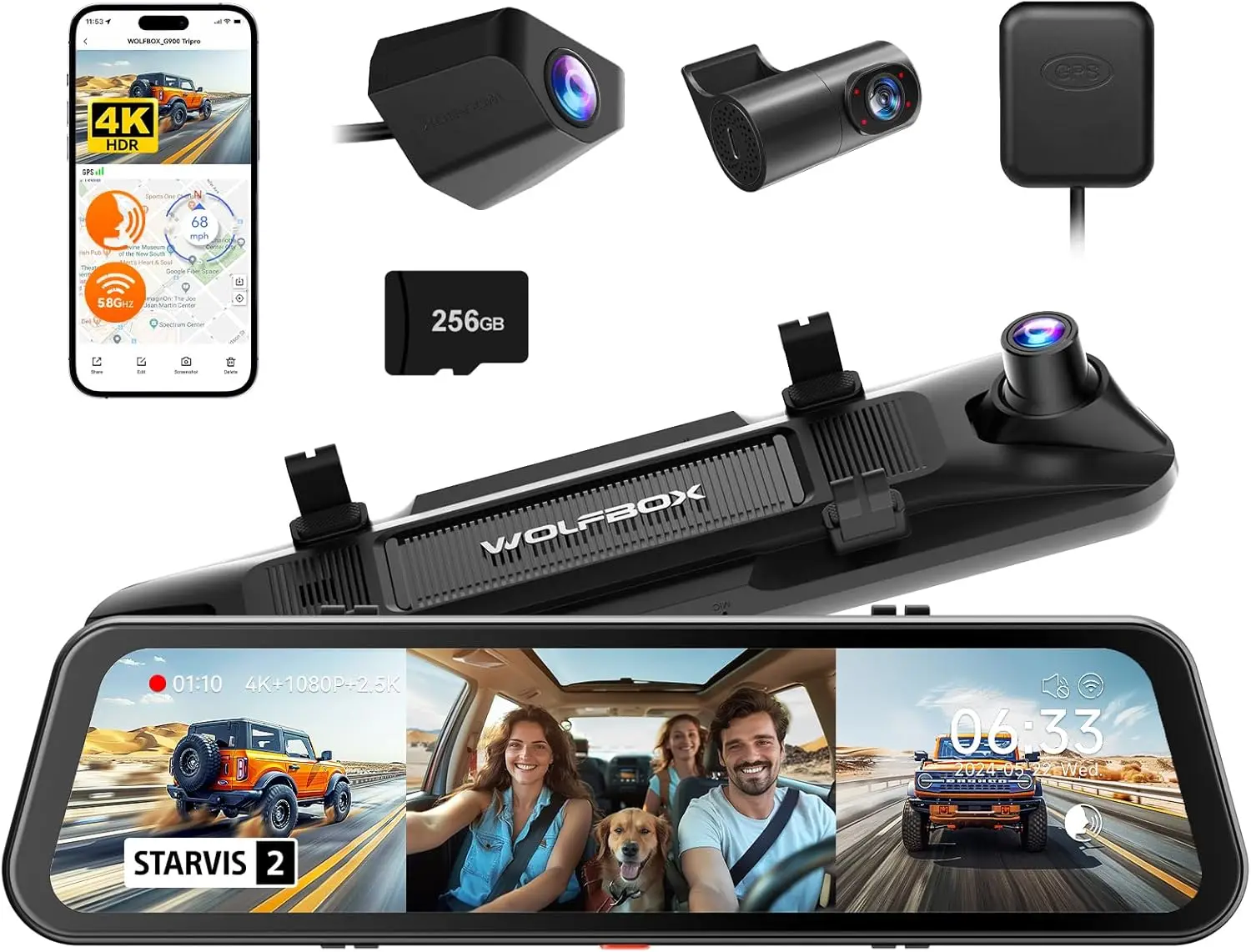 Cámara para Auto STARVIS IMX678 con Visión Nocturna, 4K+1080P+2.5K Delantera, Interior y Trasera, WiFi de 5.8GHz, Control por Voz, Incluye Tarjeta de 256GB