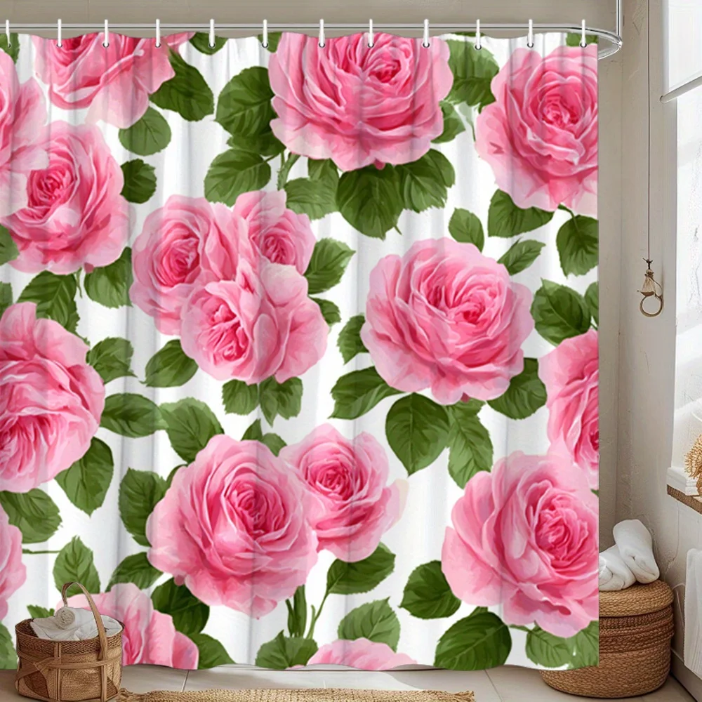 

Цельная занавеска для душа с розовыми розами и зелеными листьями, машинная стирка из полиэфирной ткани, подходит для украшения ванной комнаты