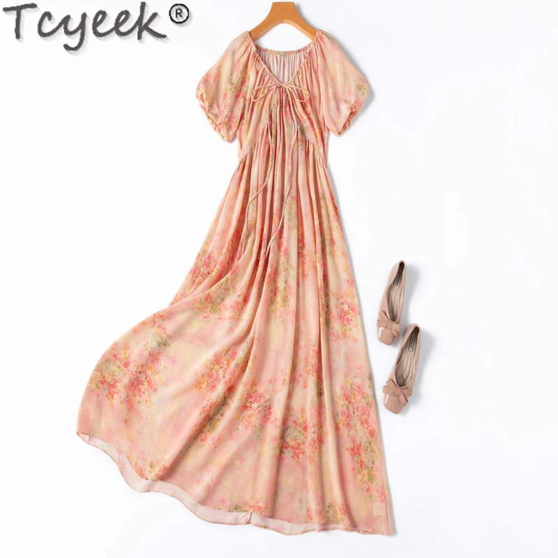 

Tcyeek 100% Mulberry Silk Elegant Women's Dresses Summer Clothes 2024 Maxi Dresses for Women Beach Dresses Lace-up Vestido Mujer