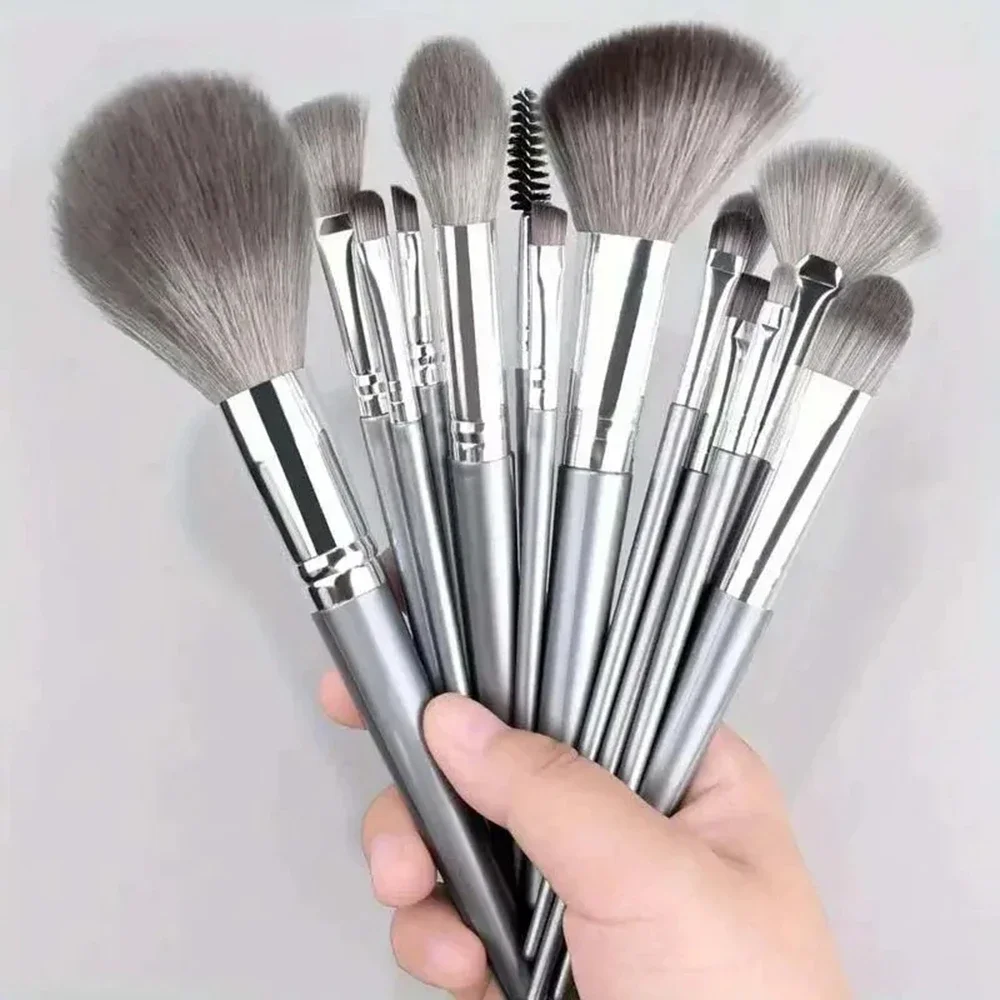 Juego de 14 Uds de brochas de maquillaje plateadas, colorete gris en polvo, base correctora, sombra de ojos, delineador de ojos, cosméticos para ojos, herramientas de belleza facial