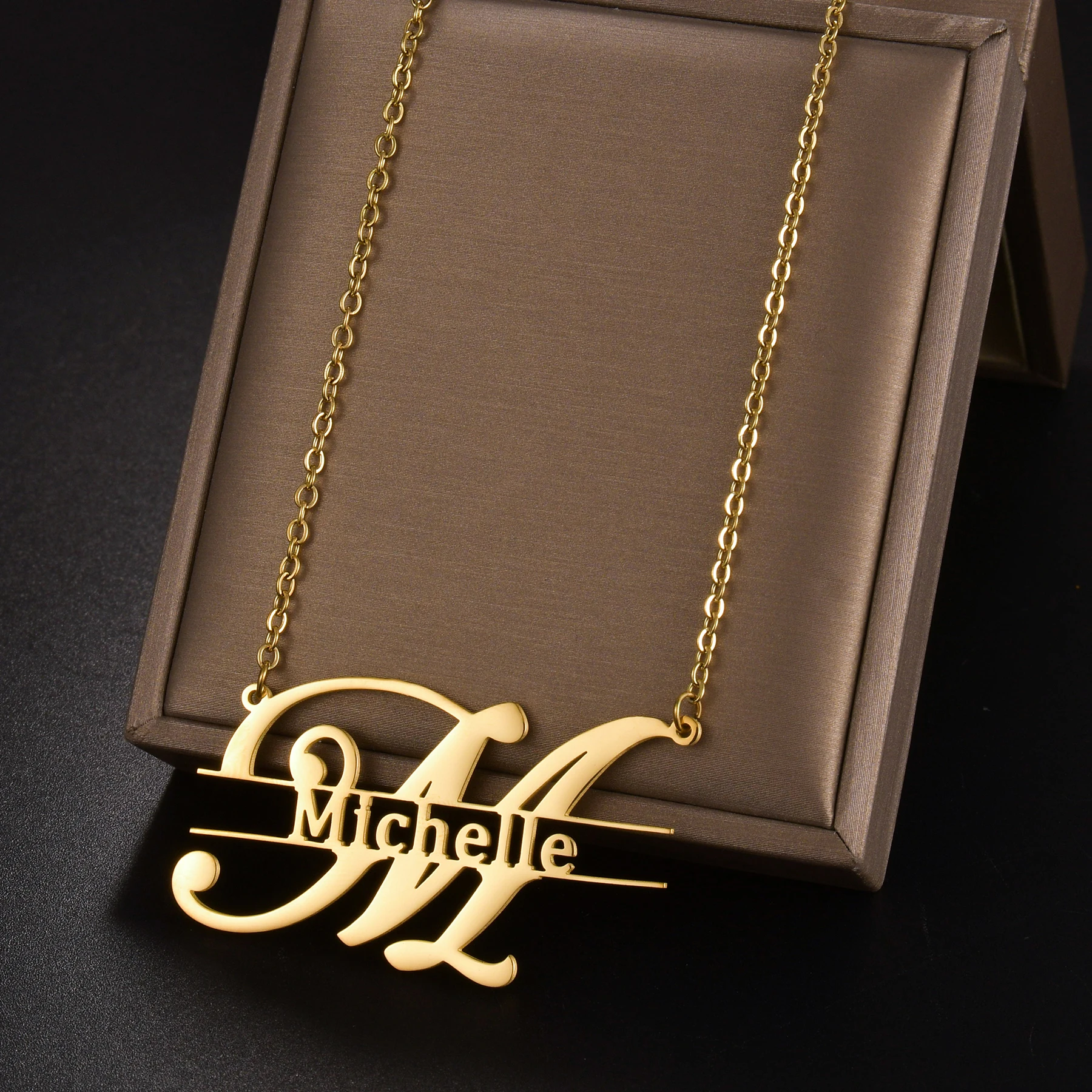 Treebud Personalized Capital Letters Pendant Necklaces for Women Girl Stainless Steel Cutom Nameplate Choker Jewelry