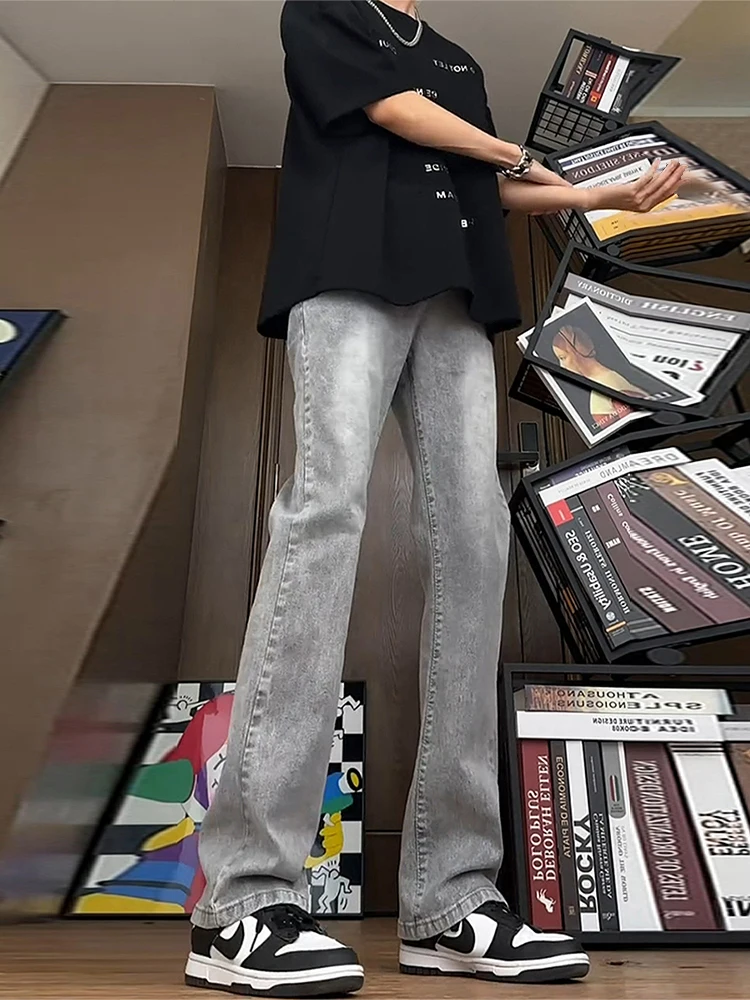 

American Retro Vibe Men's Jeans High Street Cement e ey Straight Leg Knife Micro Flared Pants Summer Youth Faion