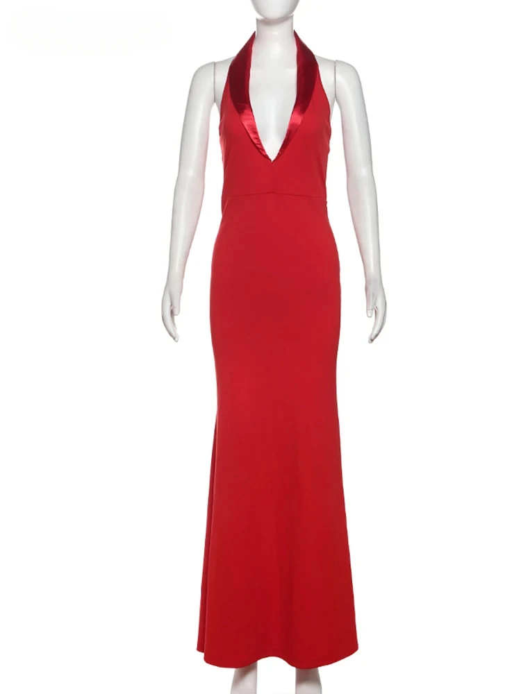 Halter splice feminino maxi vestido atraente elegante decote baixo sem costas bainha vestidos sólido high street senhora robe