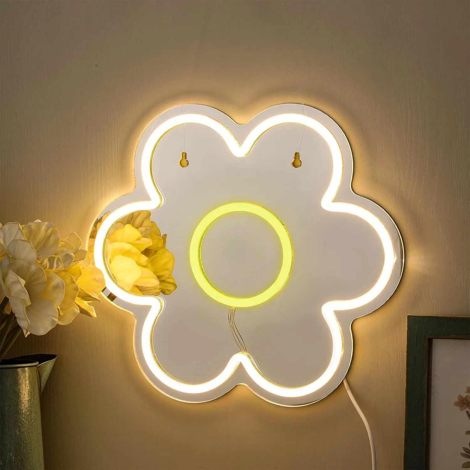 Flower Neon Sign LED Warm White Yellow Cute Daisy USB Powered Night Light Botanical Wall Art Bedroom Living Room Decor Gift