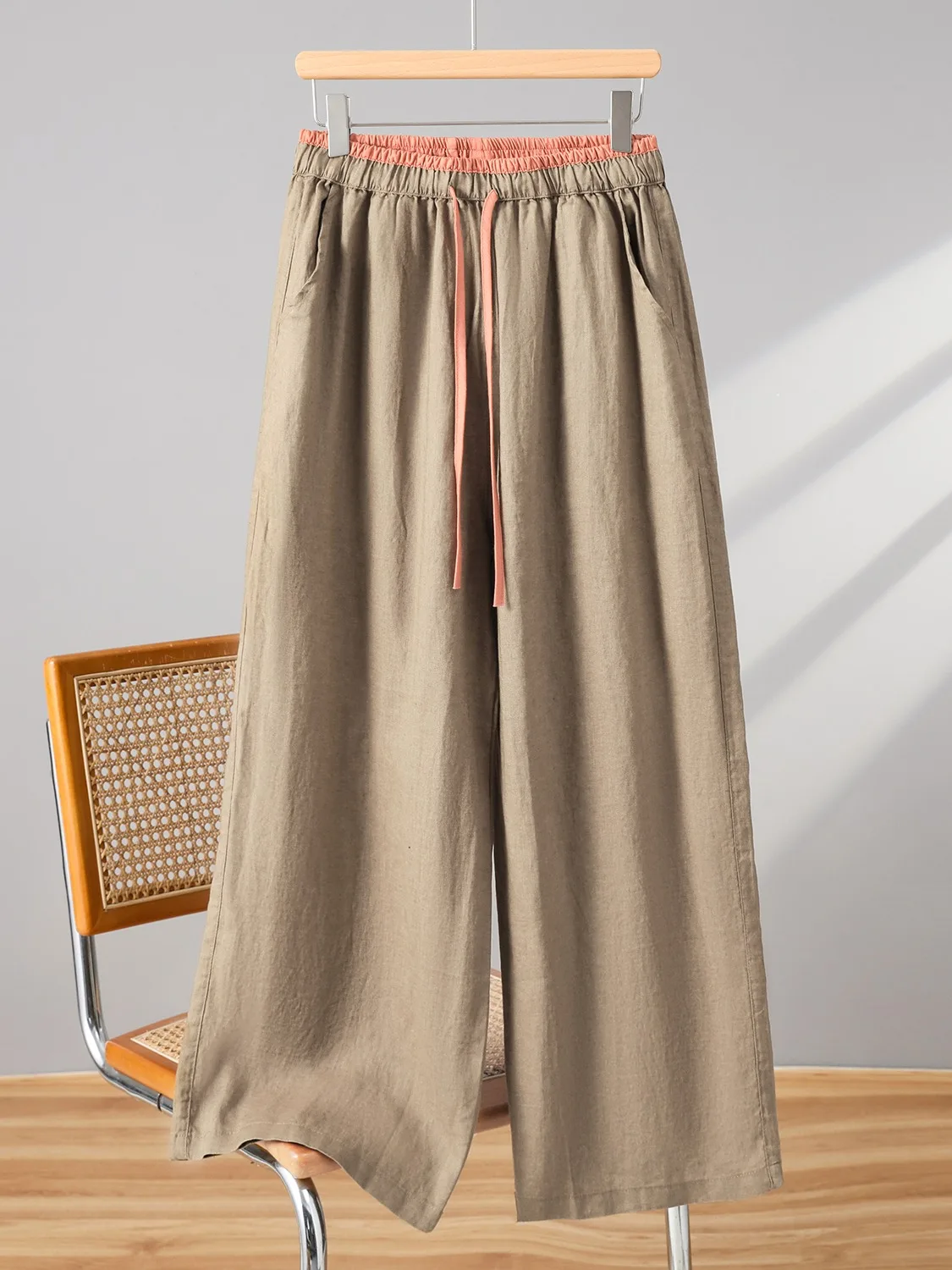 Damskie spodnie z wysokim stanem i szerokimi nogawkami, letnie, zwiewne, z elastyczną talią, z bawełny i lnu, luźne, wyszczuplające, długie spodnie o prostym kroju.