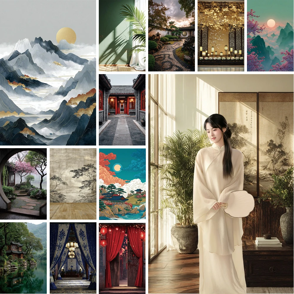 

MOON.QG Classical Chinese Residence Backdrops For Photography Sun Arch Bridge Mountain Photo Background Photo Booth Decoration