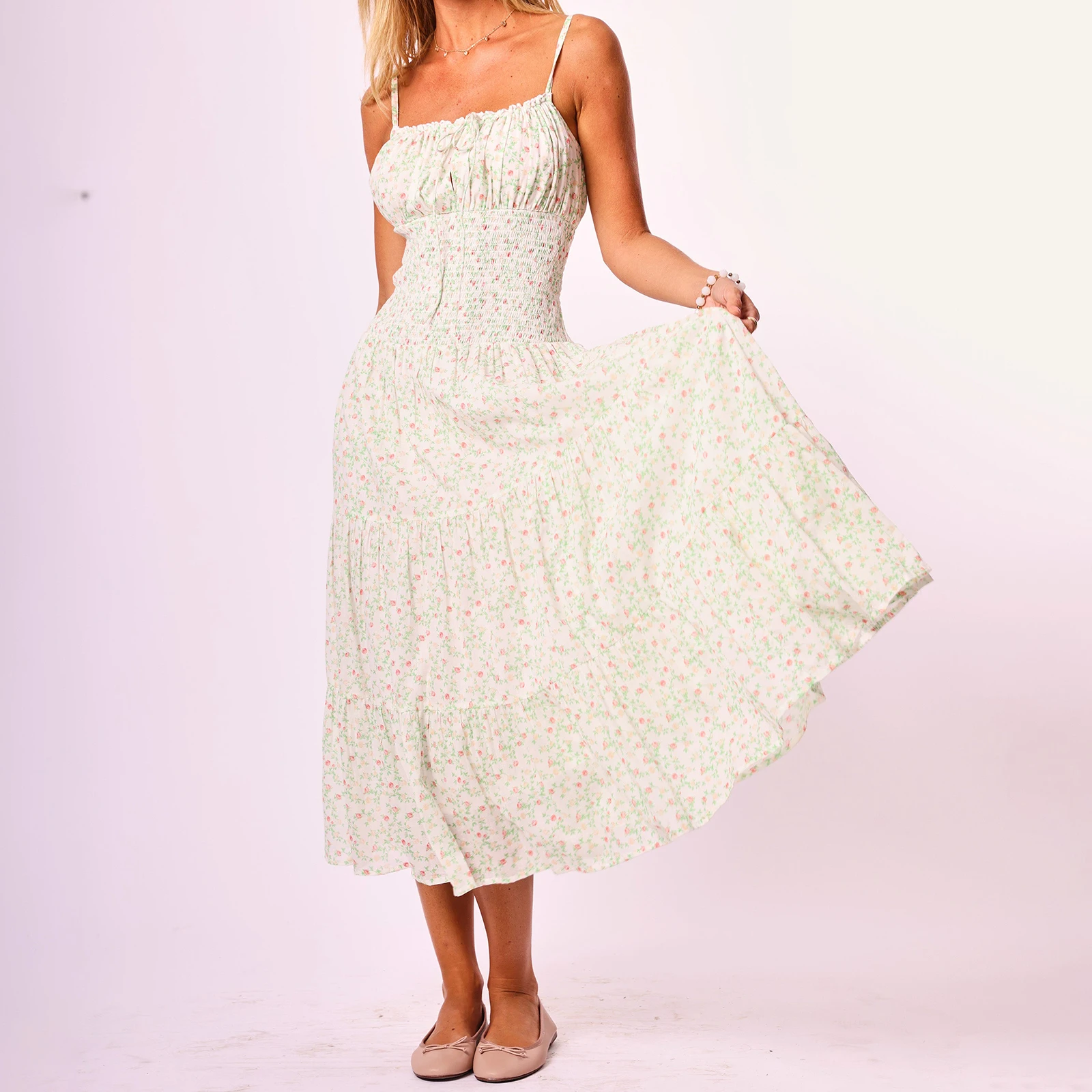 Abito lungo floreale da donna con scollo a barchetta, slim, smock, allacciatura, collo quadrato, senza maniche, a strati, con volant, per il club di feste quotidiano