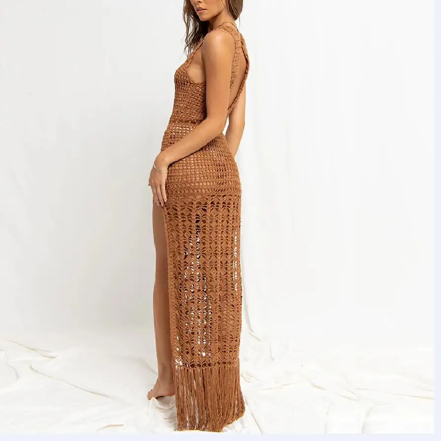 2024 New Women\'s Summer Knitted Bikini Cover-Up Sexy Solid Color Crocheted Hollow Out Sleeveless Side Slit Tassels Beach Dresses