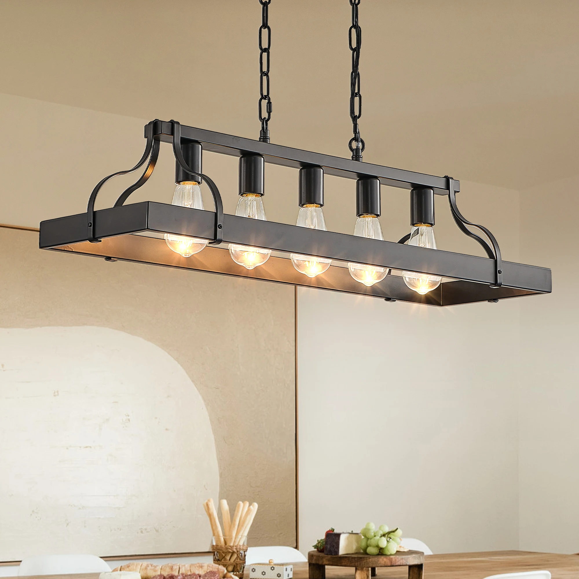 Industrial 5-Light Pendant Light Chandelier Adjustable Chain Height - Modern Farmhouse Linear Chandelier for Dining Room