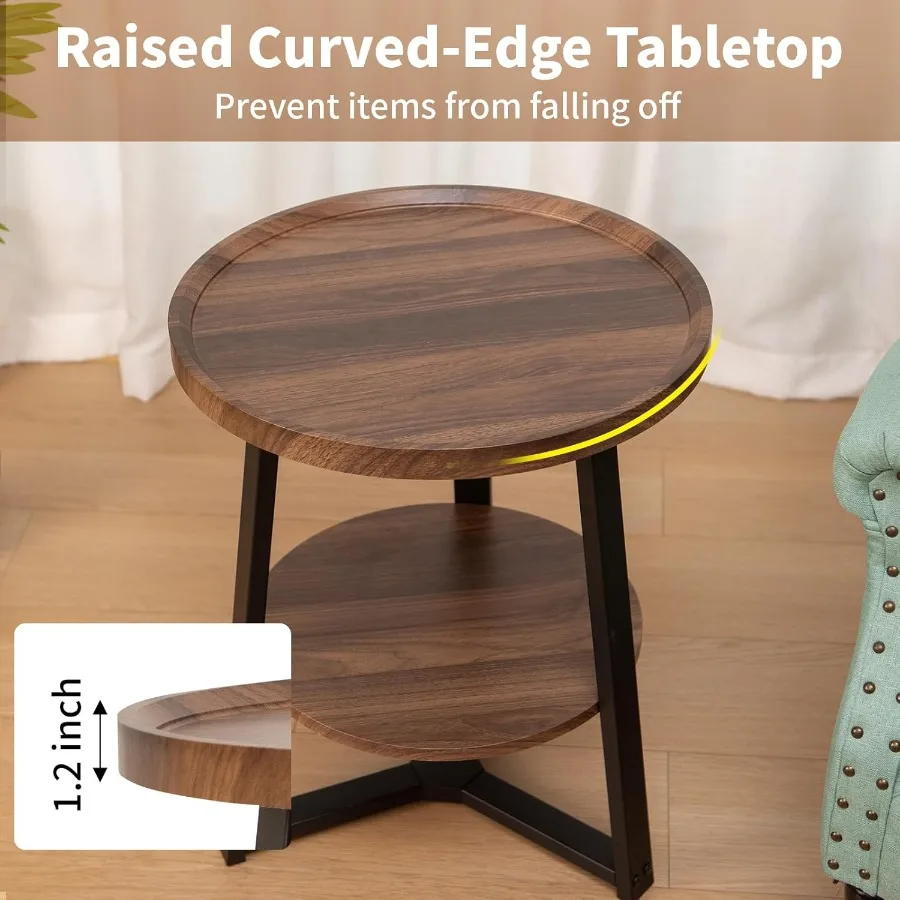 Mesa lateral redonda de 2 camadas para sala de estar pequena mesa de cabeceira de madeira com prateleira de armazenamento 19,5 polegadas círculo ac