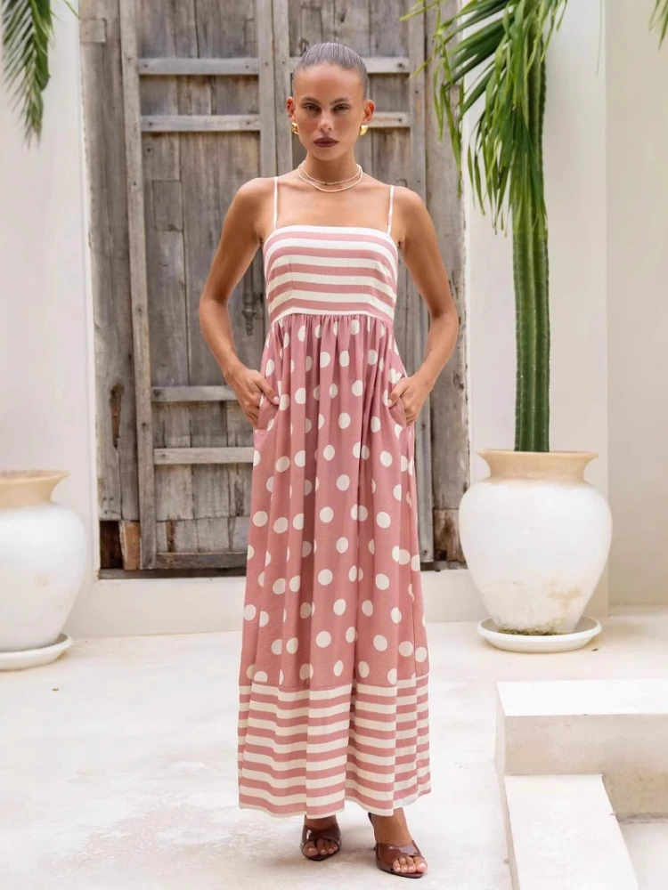 2025 Summer Fashion New Women's Elegant Printed Strap A-line Dress Strap Sexy Big Swing High Waist Bareback Dress