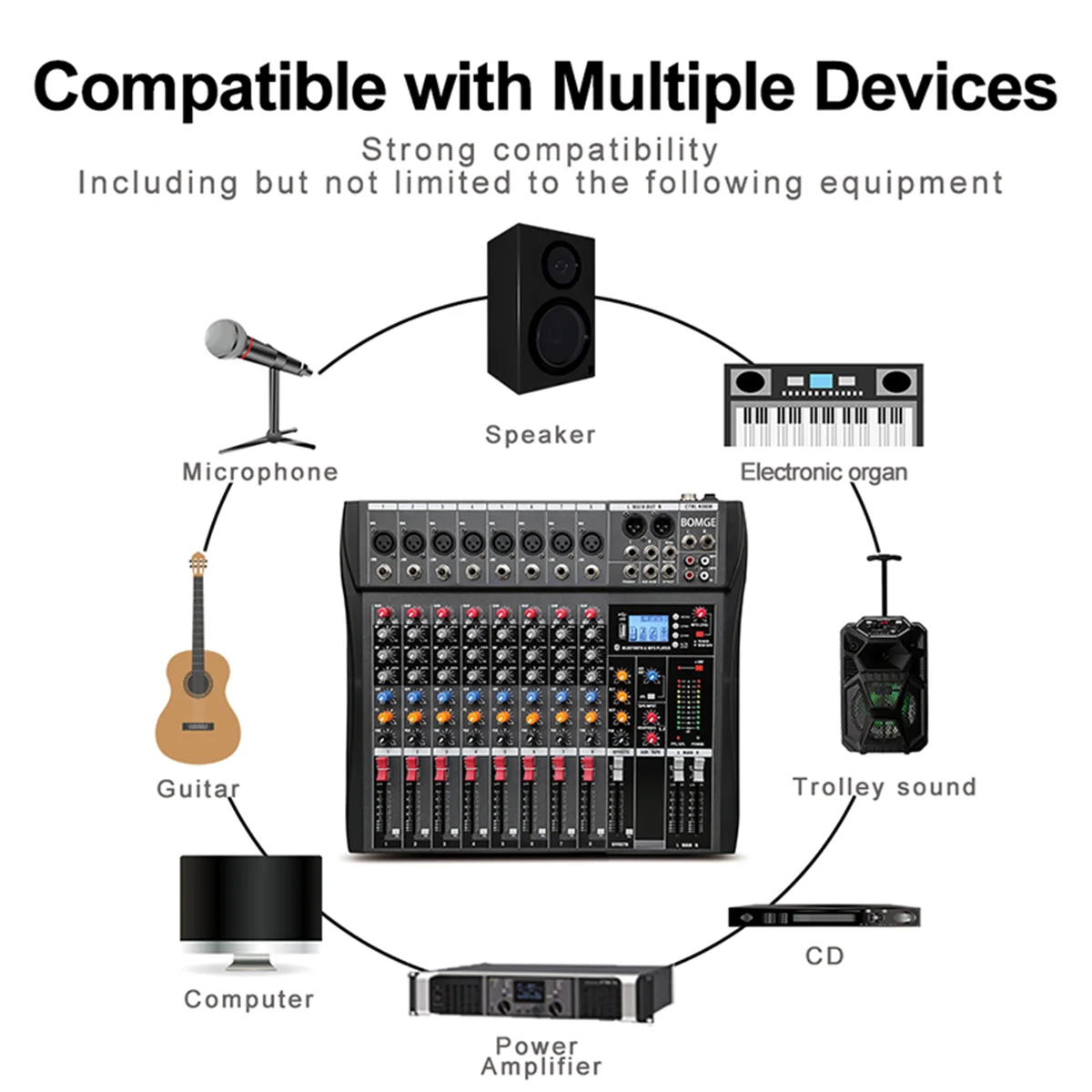 BOMGE 8 Channel Audio Mixer Sound Mixing Console with Bluetooth USB PC Recording Input XLR Microphone Jack 48V Power