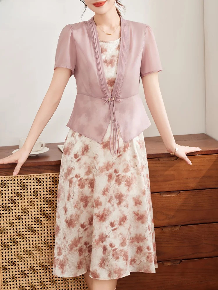 

Новинка 2025: Летний комплект Ele Mommy из шифона с коротким рукавом для женщин среднего возраста, модный, свободного кроя, с круглым вырезом