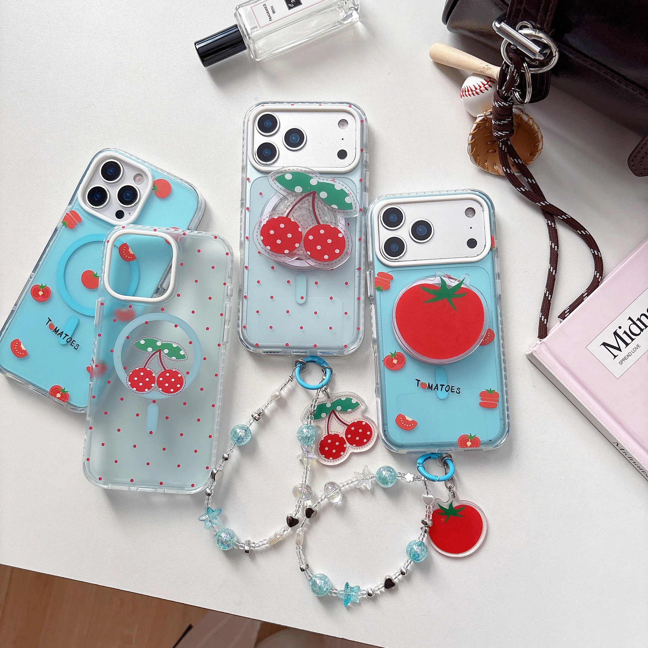 

Back Cover For iPhone 13 14 15 16 17 Pro Max Case Tomato Cherry Bracket Magnetic Attraction Bracelet Chain Back Cover