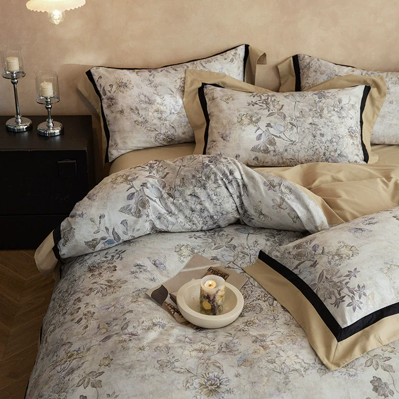 Retro Flower 4pcs Bedding Sets Four Season Pure Cotton Thick Quilt Cover Bedspread Pillowcase for Home Bed Luxury Design