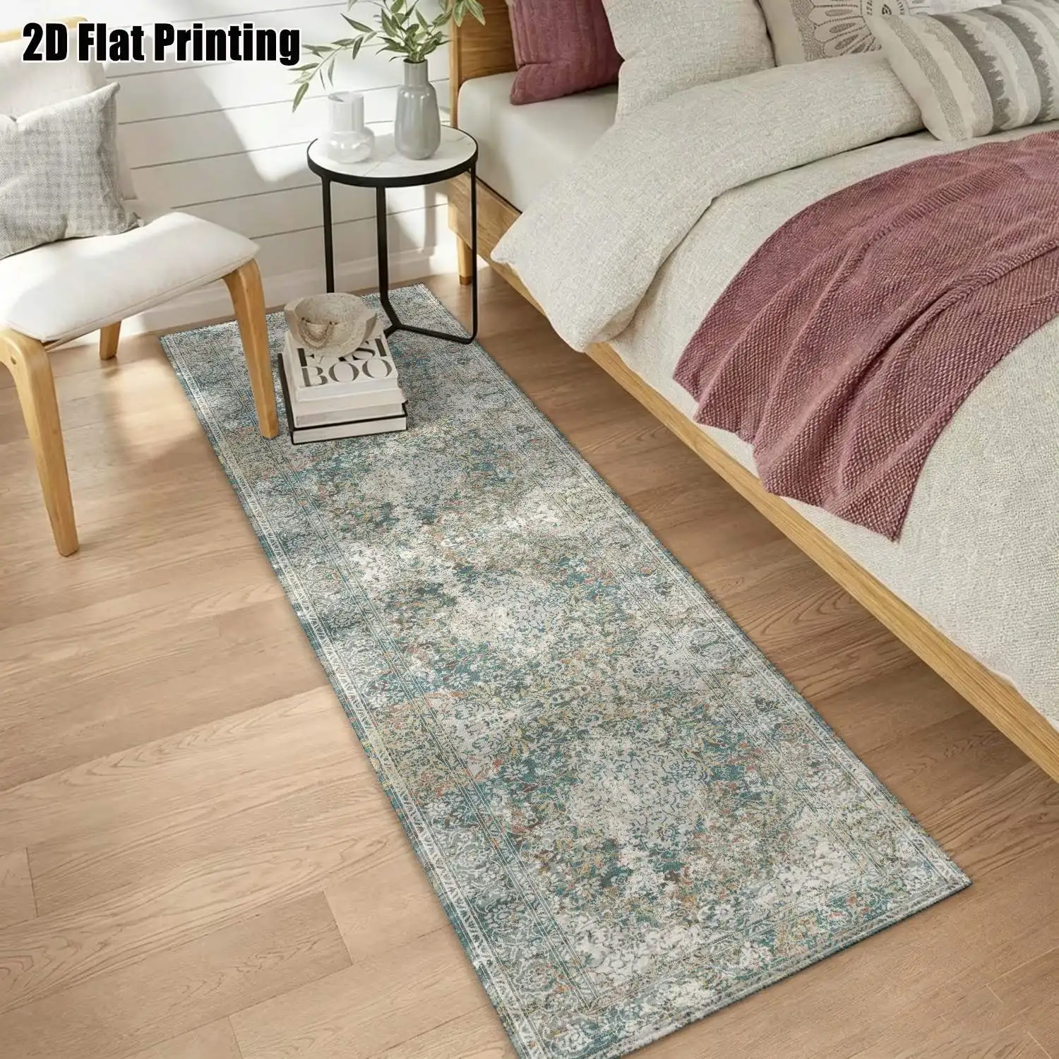1Pc 2D Printed Long Strip Runner Rug: Blue-Gray Retro Floral, Geometric Line, Bohemian Style Machine Washable, Multi-Size, Ideal for Entryway, Hallway, Bedroom, Living Room Home Decor.