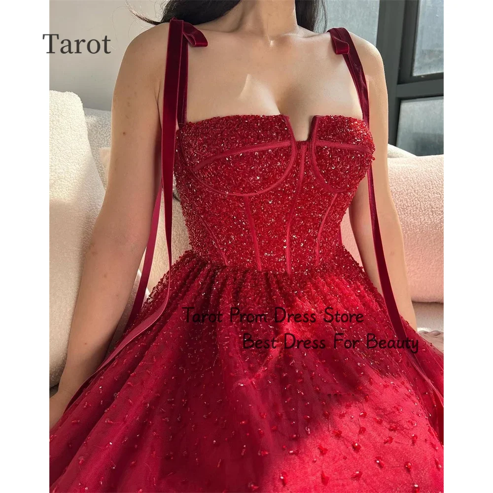 Tarot Red Spaghetti Straps Prom Dresses Tulle A Line Elegant Evening Dress For Women Floor Length Saudi Arabia فساتين سهرة