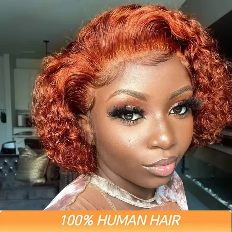 8 inch Short Water Wave Pixie Cut Lace Front Wigs 13x1 Ginger Orange Curly Wave Remy Human Hair Wigs For Women Preplucked 200% Density