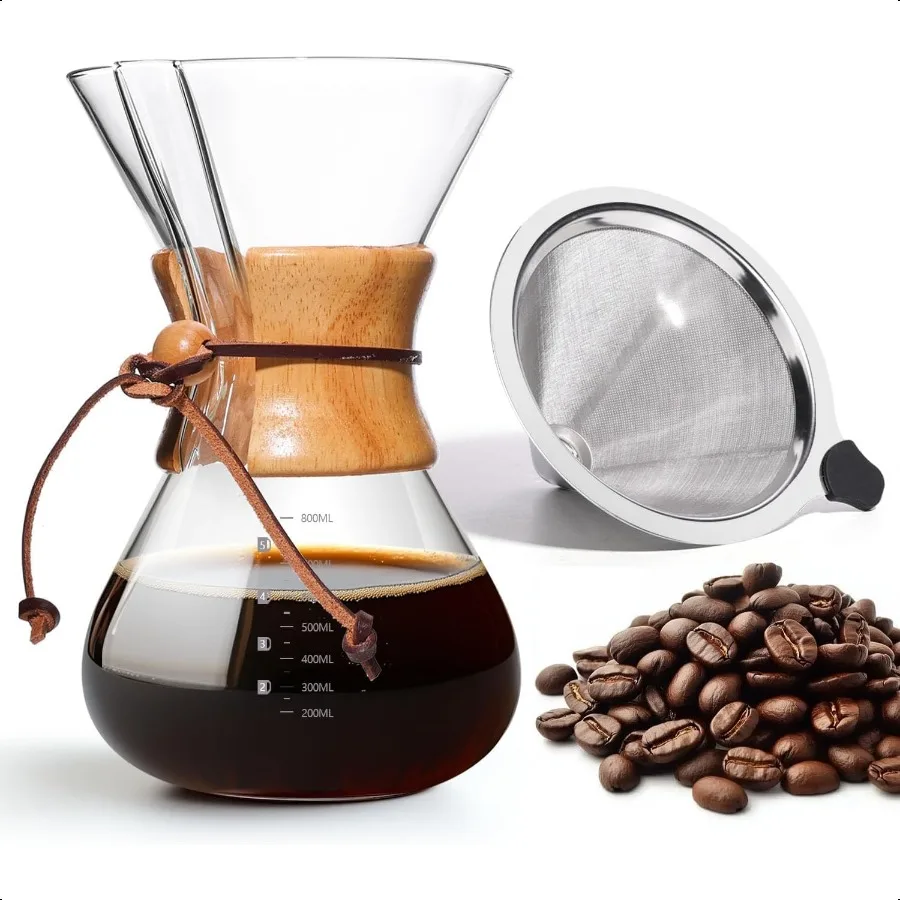 

Pour Over Coffee Maker 27 OZ 8 Cup Borosilicate Glass Drip Coffee Maker with Reusable Stainl Steel Filter and Cork Grip for Hom