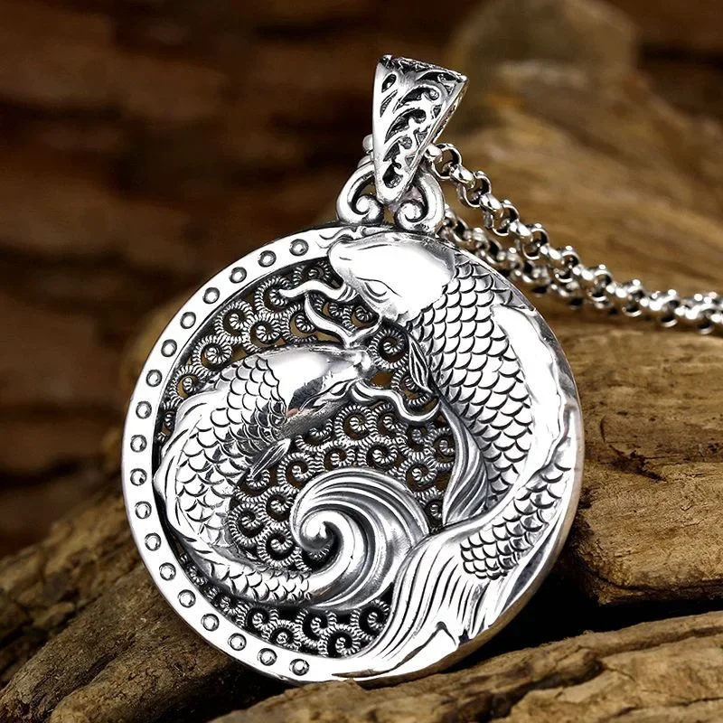 Creative Vintage 925 Silver National Style Glossy Double Fish Necklace for Men and Women New in Hollow Out Round Pendant Jewelry