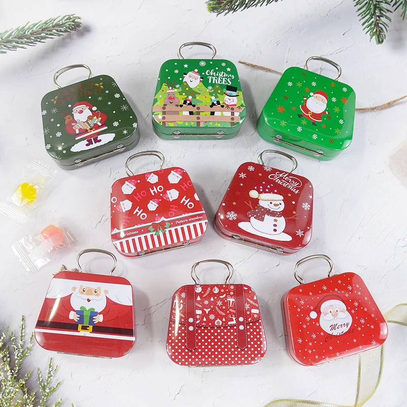 Christmas Mini Tinplate Handbag Cartoon Santa Claus Snowflake Metal Candy Gift Box Xmas Party Decor Supplies 2025 New Year Gifts