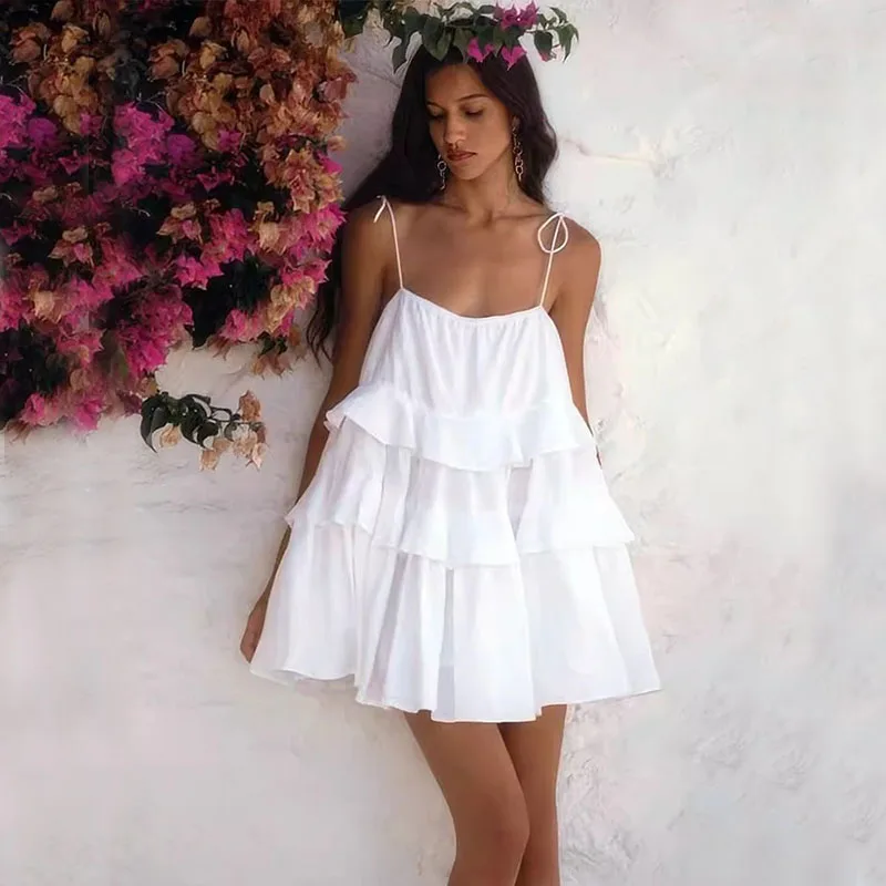 2025 vestido midi sem alças com borda de folha de lótus em várias camadas, saia de bolo, manga curta, costas nuas, resort de praia, vestido sem alças