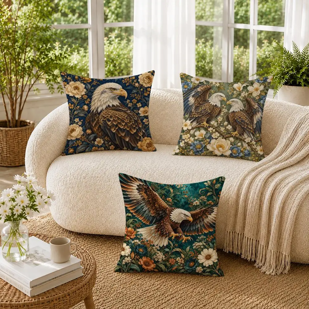 Bald Eagle Vintage Floral Art Cushion Cover Soft Short Plush Pillow Cases Hidden Zipper Cutecore Sofa Bedroom Home Decor Gift