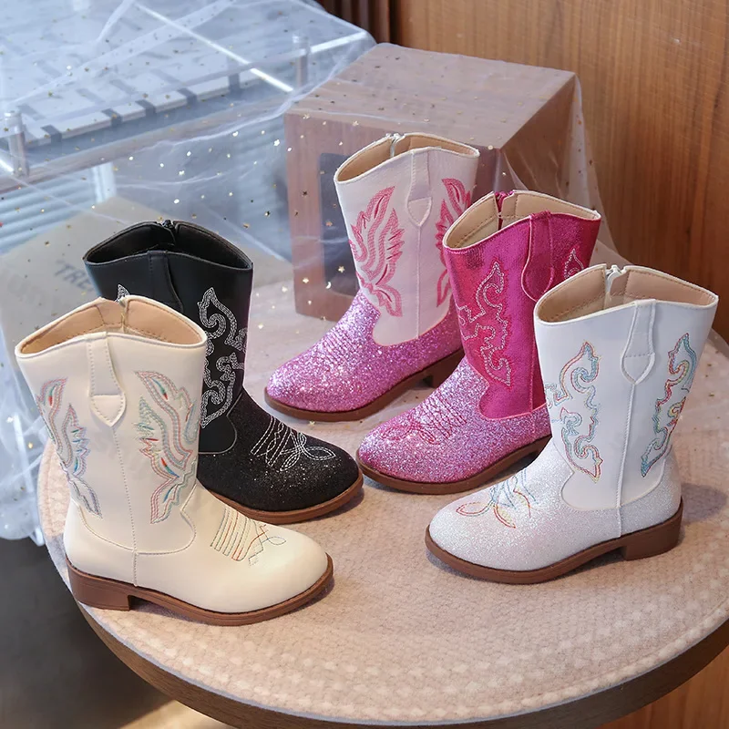 Girls Boots Toddler Snow Gear Mid Calf Glitter Western Cowboy Boot 2026 Autumn Big Kid Riding Girls Botas Size 27-36 Kids Shoes