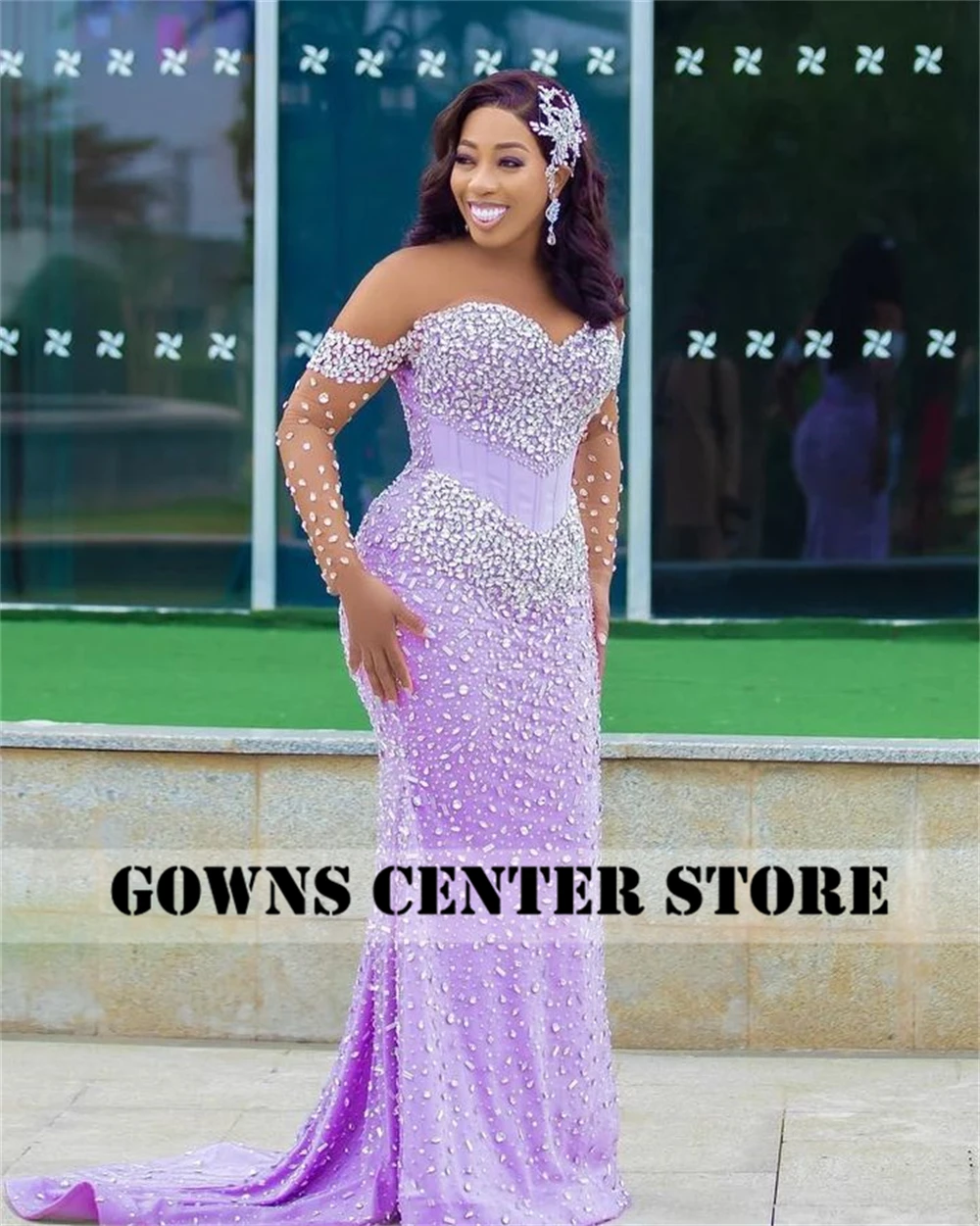 Lilac Off Shoulder Sliver Crystal Beaded Three Quarter Sleeve Aso Ebi Evening Dresses Party Wedding Mermaid African Customized