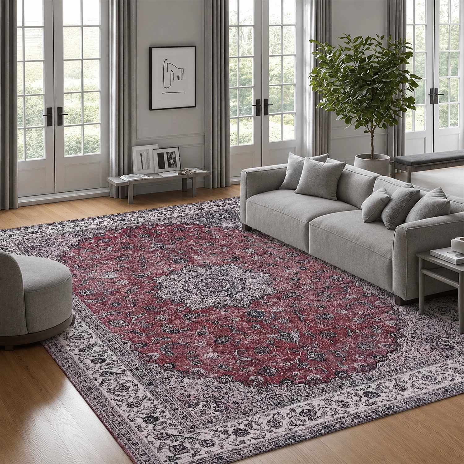Large Indoor Area Rug, Soft Velvet Low Pile with Non-slip Dotted Backing, Machine Washable Distressed Vintage Red Persian Medallion Rug for Living Room, Bedroom Decor
