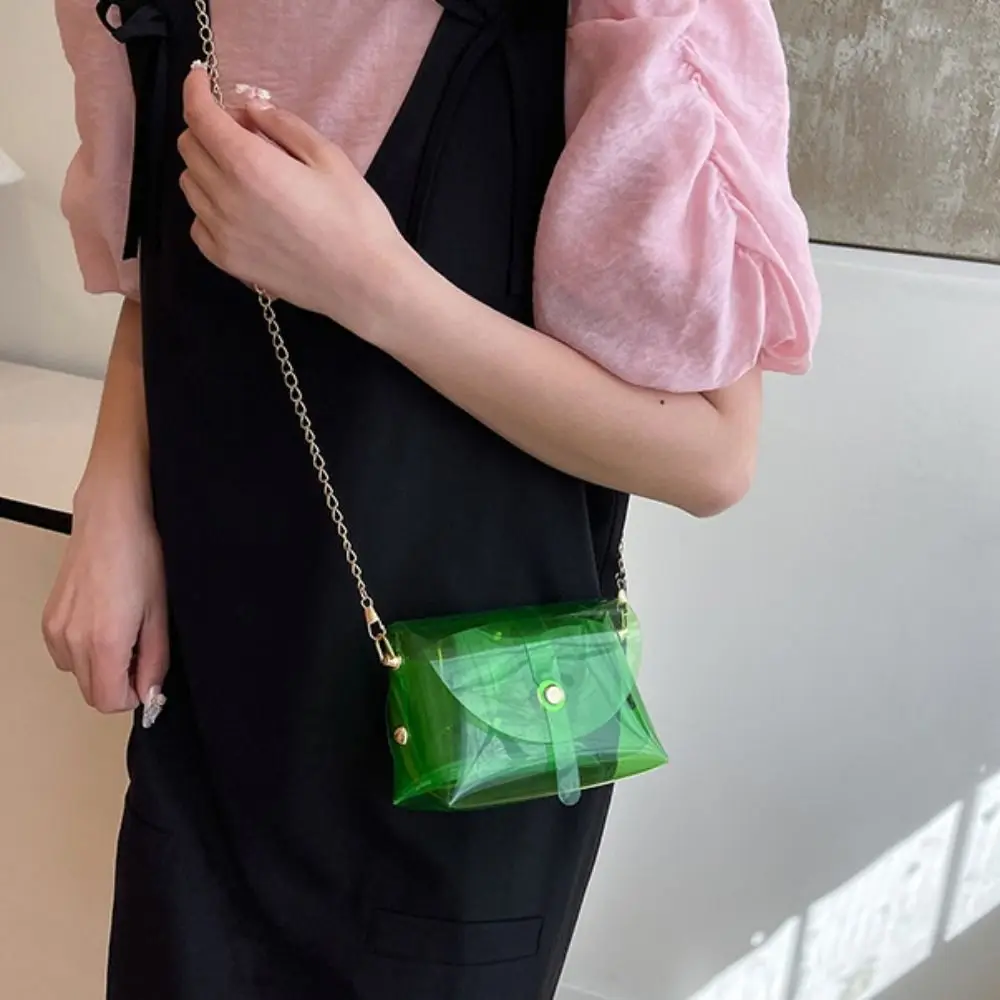 กระเป๋าสะพายไหล่แฟชั่นสไตล์คาวาอี้ วัสดุ PVC สีลูกกวาด โปร่งใส ทรงสี่เหลี่ยม กันน้ำ ใส่ลิปสติกได้ สำหรับผู้หญิง